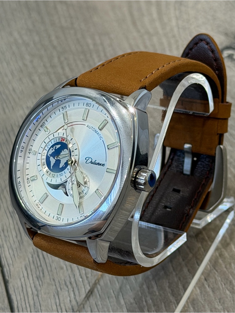 Dubunne Automatic World Time Open Heart 21 Jewels Watch Brown Leather Strap
